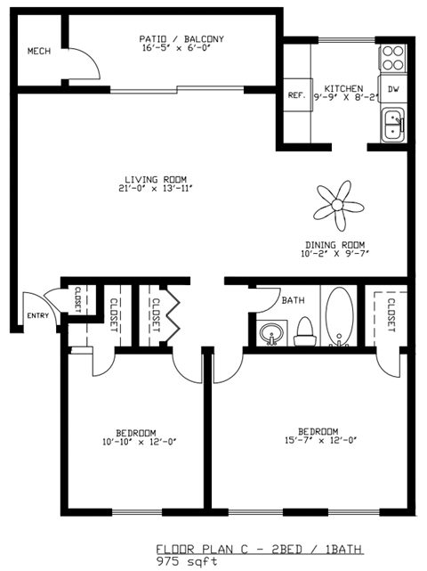 Floor plan for 2 beds, 1 bath, 975 sqft
